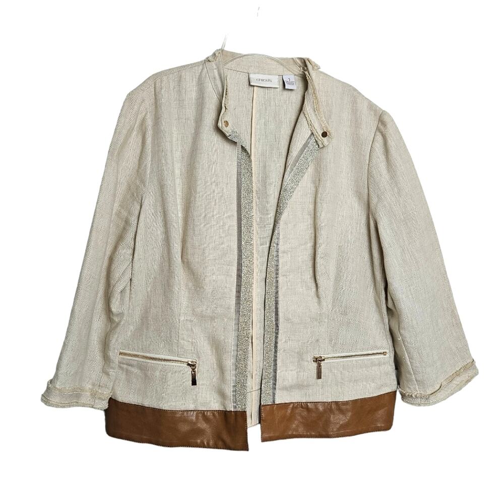 Chico's Womens Tan & Gold Trim Linen Jacket Size M Coastal Old Money Summer